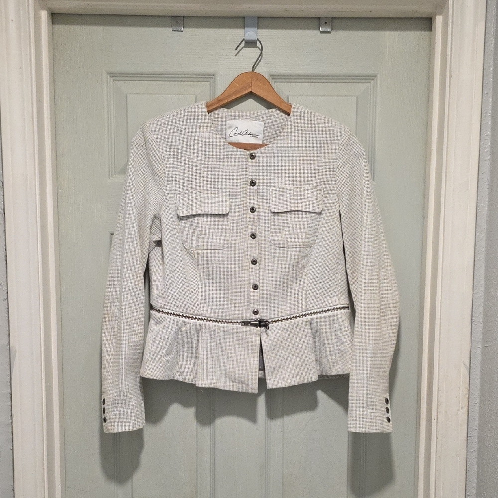 CAbi Zip Line Peplum Blazer Blazer White Black Grid Womens Sz 6 Snap Close